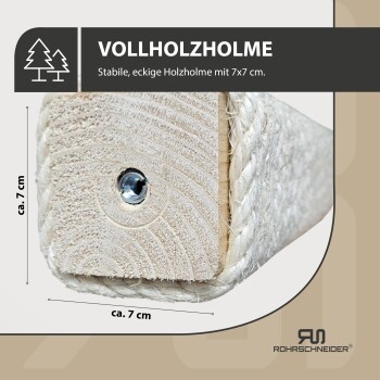 Nahaufnahme eines 7x7 cm quadratischen Holzpfostens, umwickelt mit Sisalseil, beschriftet mit "Vollholzholme" von Rohrschneider.