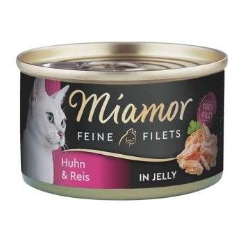 Katzenfutterdose mit "Miamor Feine Filets" mit Huhn und Reis in Gelee, die das Gesicht einer weißen Katze und den Text "100% Filet" zeigt.