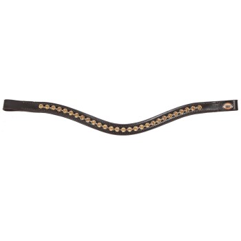 Schwarzes Leder-Haustierhalsband, verziert mit goldenen Strasssteinen, mit einem wellenförmigen Design und einem dekorativen Emblem an einem Ende.