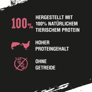 Bild, das Haustierfutter bewirbt mit dem Text: "100% HERGESTELLT MIT 100% NATÜRLICHEM TIERISCHEM PROTEIN, HOHER PROTEINEINHALT, OHNE GETREIDE."