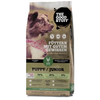 Hundefutterbeutel mit einem Hund mit einem pinken Halstuch, beschriftet mit "THE GOOD STUFF," mit Text auf Deutsch über Zutaten und Nährwertinformationen.