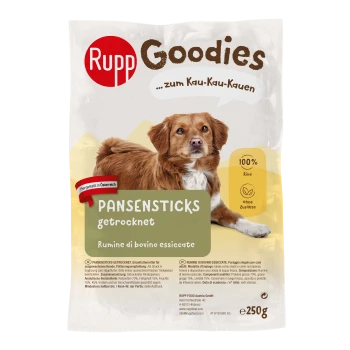 Verpackung von Rupp Goodies Hundeleckerlis mit 'Pansensticks' auf Deutsch und Italienisch, hebt 100% Rindfleisch, 250g und keine Zusatzstoffe hervor.