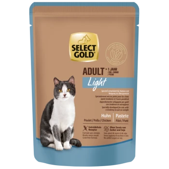 Select Gold Adult Light Katzenfutterbeutel für Katzen über 1 Jahr, Hühnerpastete, getreidefrei, ohne Zuckerzusatz oder Soja, mit Bild einer schwarz-weißen Katze.