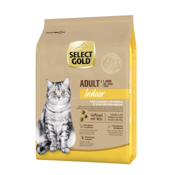 Sac de nourriture pour chats Select Gold avec un chat tigré gris, étiqueté "Adult Indoor," avec des détails sur les ingrédients comme la volaille et le riz.