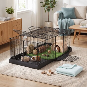 Schwarzer Drahtkäfig für Meerschweinchen mit Kunstrasen, Holzhöhle, Futternapf, Spielzeug und zwei Meerschweinchen auf einem Wohnzimmerteppich.