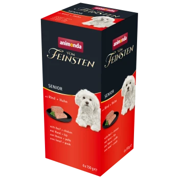 Verpackung für Animonda Vom Feinsten Senior Hundefutter, mit einem weißen Hund, mit Text, der angibt, dass es Rind und Huhn enthält.