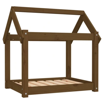 Holzrahmen für ein Haustierbett, gestaltet wie ein Haus, mit einem Lattenboden und einer braunen Oberfläche.