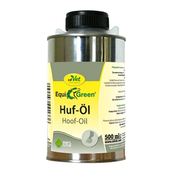 Metallkanne mit schwarzem Verschluss: cdVet EquiGreen Huf-Öl, gelbes Etikett, 500 ml.