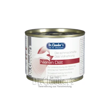 Dosen-Tierfutter mit der Aufschrift "Dr. Clauder's Nieren Diät" zur Nierenunterstützung, mit einer Katzensilhouette und Nährwertinformationen in Deutsch und Englisch.