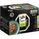 Sheba Sauce Collection Tierfutterbox mit einer grauen Katze, mit 12 x 85g Portionen verschiedener Fleischsorten in Sauce, beschriftet auf Deutsch.