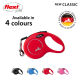 Red flexi retractable dog leash with a silver logo, available in four colors, featuring a quality badge stating "Made in Germany."