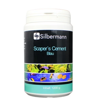 Behälter mit Silbermann Scaper's Cement in Blau, beschriftet mit 'Inhalt: 1200 g' und Bildern von Wasserpflanzen und Fischen.