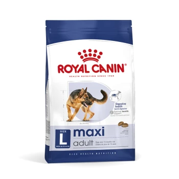 Maxi Adult 4 kg Royal Canin Maxi Adult Hundefutterbeutel mit einem Deutschen Schäferhund, gekennzeichnet mit 'Größe L' für Hunde über 15 Monate, fördert die Verdauungsgesundheit.