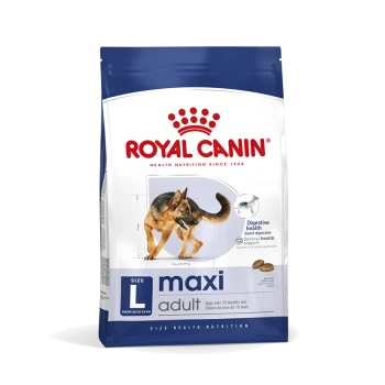 Royal Canin Maxi Adult Hundefutterbeutel mit einem Deutschen Schäferhund, gekennzeichnet mit 'Größe L' für Hunde über 15 Monate, fördert die Verdauungsgesundheit.