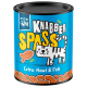 Blaue Dose Katzenleckerlis mit der Aufschrift „KNABBER SPASS“, cartoonartige gestreifte Katze, fischförmige Kroketten, NUTRI QM-Logo und „Extra: Haut & Fell“.