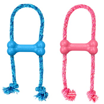 Jouets KONG en corde en forme d'os bleu et rose : centre en caoutchouc en forme d'os embossé « KONG », cordes tressées et extrémités nouées.