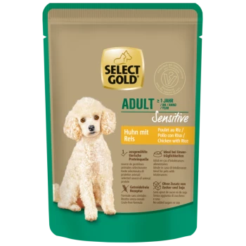 Select Gold Adult Sensitive Hundefutter, Huhn mit Reis, getreidefrei, ohne Zuckerzusatz oder Soja, ideal bei Futtermittelunverträglichkeiten.
