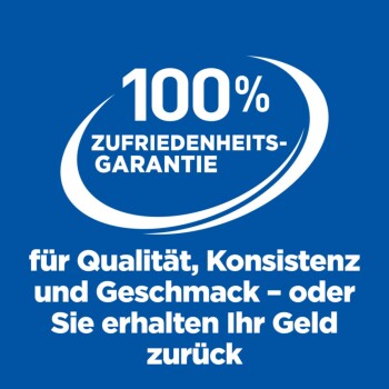 100% Zufriedenheitsgarantie für Qualität, Konsistenz und Geschmack – oder Sie erhalten Ihr Geld zurück. Blauer Hintergrund.