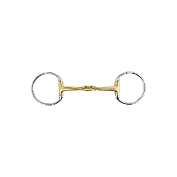 Ein glänzendes, gold- und silberfarbenes Pferdegebiss mit zwei runden Ringen an jedem Ende, entworfen für den Reitsport.