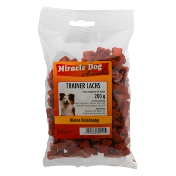 Miracle Dog Snacks Trainer Lachs 200g Hundeleckerlis mit Lachs, kleine knochenförmige Stücke, deutscher Text auf der Verpackung.