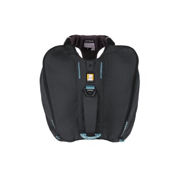 Schwarzes Hundegeschirr mit türkisfarbenen Akzenten, mit einem Ruffwear-Logo und verstellbaren Riemen für Komfort und Sicherheit.