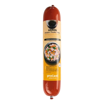 Hondenvoerrol gelabeld 'HUHN' (Kip) met een kom gemengde ingrediënten, met 'proCani selectie' branding en voedingsclaims.
