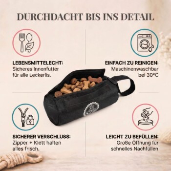 Ein glücklicher Hund, der auf grünem Gras mit einem Trainingswerkzeug in der Luft läuft, mit dem Text "Effektiveres Training mittels praktischer Wurfschlaufe."