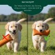 Orangenes rechteckiges Hundespielzeug mit schwarzem Etikett „Romney’s“ an der Seite.