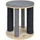 Tabouret rond à griffer pour chat, dessus rembourré gris, quatre poteaux recouverts de sisal (noir et gris) sur une base en bois portant la marque AniOne.