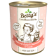 Dose Katzenfutter mit der Aufschrift 'Betty's Landhausküche' mit einem Koch und einer Katze, mit 'Huhn mit Lachs' und 'Extra viel Fleisch.'