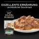 Katzenfutter in Sauce mit Huhn, Purina Pro Plan Sterilised Adult Verpackung im Hintergrund, Text: "Exzellente Ernährung und köstlicher Geschmack."