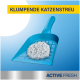 Pelle à litière pour chat bleue avec litière agglomérante, étiquetée "KLUMPENDE KATZENSTREU" en haut et "ACTIVE FRESH" en bas.