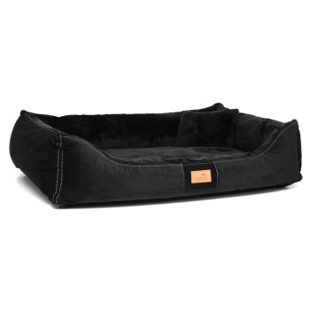 Schwarzes Haustierbett mit plüschigem Innenraum und erhöhten Rändern, mit einem tanfarbenen Etikett mit dem 'tierlando'-Logo.