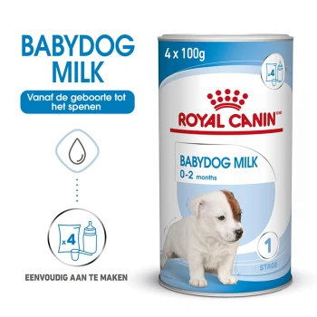 Babydog Melk Michpluver 400 g Royal Canin Babydog Melk blik, met 4 verpakkingen van 100g elk, ontworpen voor puppy's van 0-2 maanden oud. De tekst bevat 'EENVOUDIG AAN TE MAKEN.'