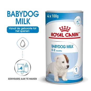 Royal Canin Babydog Melk blik, met 4 verpakkingen van 100g elk, ontworpen voor puppy's van 0-2 maanden oud. De tekst bevat 'EENVOUDIG AAN TE MAKEN.'