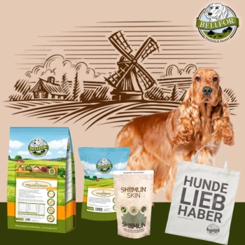 Ein goldenes Cocker Spaniel steht neben Bellfor Hundefuttertüten, mit einer Windmühlenkulisse und einer Tragetasche, auf der steht "HUNDE LIEB HABER."