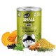 Dosen-Hundefutter mit der Aufschrift "EAT SMALL INSECTS FOR PETS," mit einer Husky-Illustration und Zutaten wie Kürbis und Hirse. Hypoallergen.