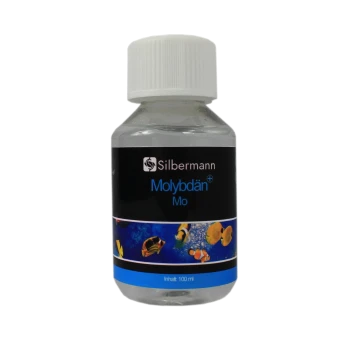 Flasche von Silbermann Molybdän Mo, ein 100 ml Aquarienzusatz, mit bunten Fischgrafiken auf dem Etikett.