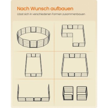 Draht-Tierauslauf in sechs Aufbauten dargestellt; Text ‚Nach Wunsch aufbauen‘ und ‚Lässt sich in verschiedenen Formen zusammenbauen‘.