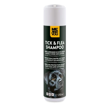Me and You Zecken- & Flohshampoo, 250-ml-Flasche für Hunde, wirkt abwehrend gegen Zecken, Flöhe und Mücken; Etikett zeigt einen schwarzen Hund.