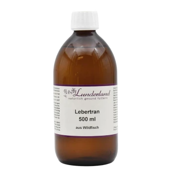 Braune Glasflasche mit weißem Verschluss, beschriftet „Lunderland — Lebertran 500 ml aus Wildfisch“.
