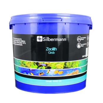 Blauer Eimer mit der Aufschrift "Silbermann Zeolith Grob" für Aquariengebrauch, mit 5000 ml Inhalt, mit Bildern von bunten Fischen und Wasserpflanzen.