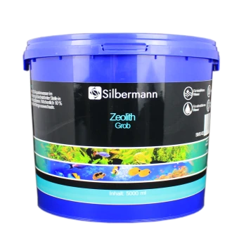 Blauer Eimer mit der Aufschrift "Silbermann Zeolith Grob" für Aquariengebrauch, mit 5000 ml Inhalt, mit Bildern von bunten Fischen und Wasserpflanzen.