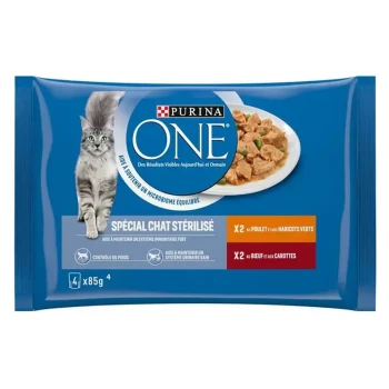 Emballage de nourriture pour chats Purina ONE avec un chat gris duveteux, avec un texte indiquant qu'il est destiné aux chats stérilisés, promouvant le soutien immunitaire et le contrôle du poids.