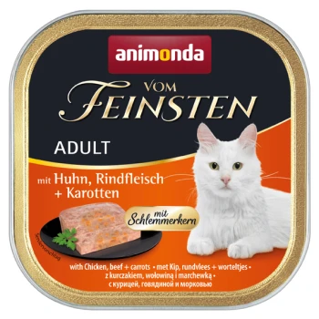 Vom Feinsten Adult mit Schlemmerkern 32x100g Huhn, Rindfleisch und Karotte Eine Dose Katzenfutter mit einer weißen Katze auf dem Etikett, mit "animonda vom Feinsten ADULT" und der Angabe "mit Huhn, Rindfleisch + Karotten."