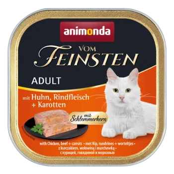 Eine Dose Katzenfutter mit einer weißen Katze auf dem Etikett, mit "animonda vom Feinsten ADULT" und der Angabe "mit Huhn, Rindfleisch + Karotten."