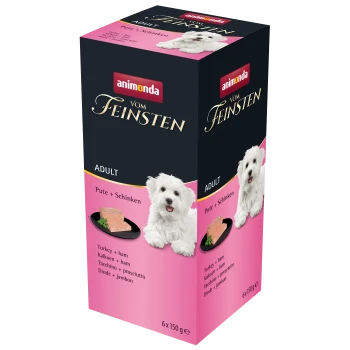 Verpackung für Animonda Vom Feinsten Hundefutter, mit einem weißen Hund, mit den Texten "Erwachsen" und "Truthahn + Schinken" in mehreren Sprachen.