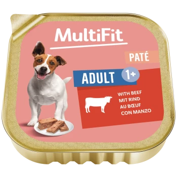Pudełko pasztetu dla dorosłych psów MultiFit Adult 1+ o smaku wołowiny z wesołym psem rasy Jack Russell i plasterkami pasztetu
