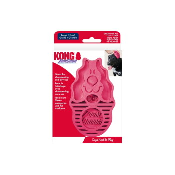 Verpackte große rosa KONG ZoomGroom Gummibürste für Hunde; zeigt die Aufschriften KONG, ZoomGroom und Large/Grand.