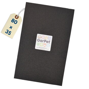 Schwarze strukturierte GarPet-Haustiermatte mit Logo und Tierpiktogrammen; hängendes Etikett mit der Aufschrift "80 x 35".